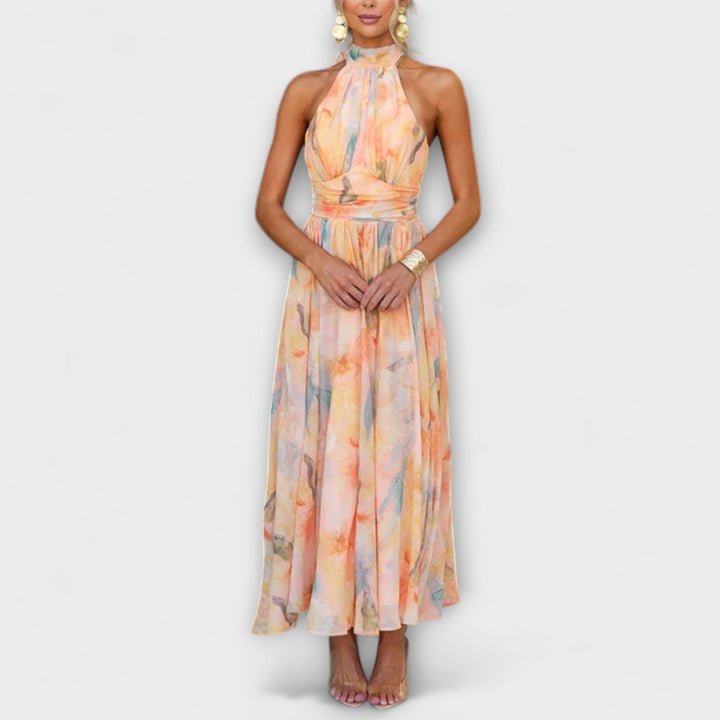 Hillary | Vestido Largo Espalda Descubierta con Estampado Acuarela