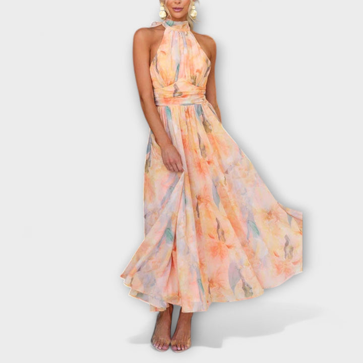Hillary | Vestido Largo Espalda Descubierta con Estampado Acuarela