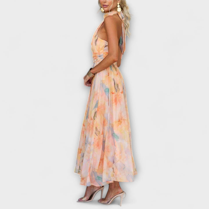 Hillary | Vestido Largo Espalda Descubierta con Estampado Acuarela